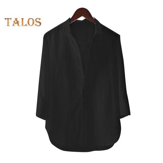 

Мужская рубашка с воротником-стойкой, повседневная однотонная рубашка на пуговицах, рубашка с длинным рукавом из хлопковой смеси для офиса и улицы M чёрный