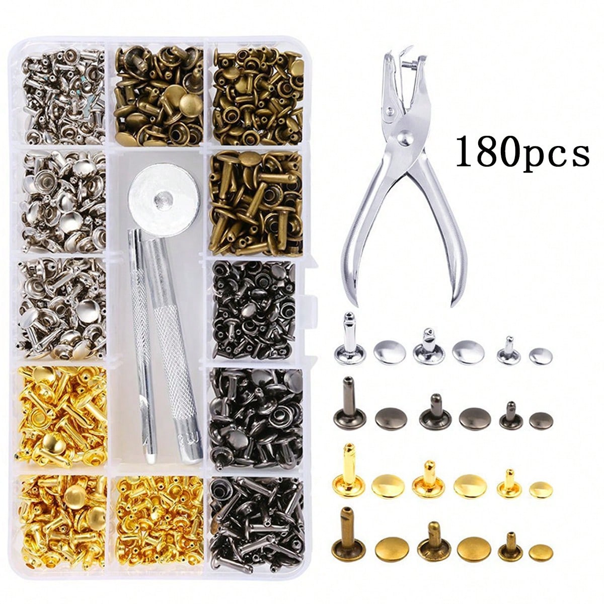 

180 шт. Металлические заклепки с двойной шляпкой и плоскогубцы-пробойник Круглые шпильки для кожаных изделий, сумок, ремней, для самостоятельного ремонта одежды