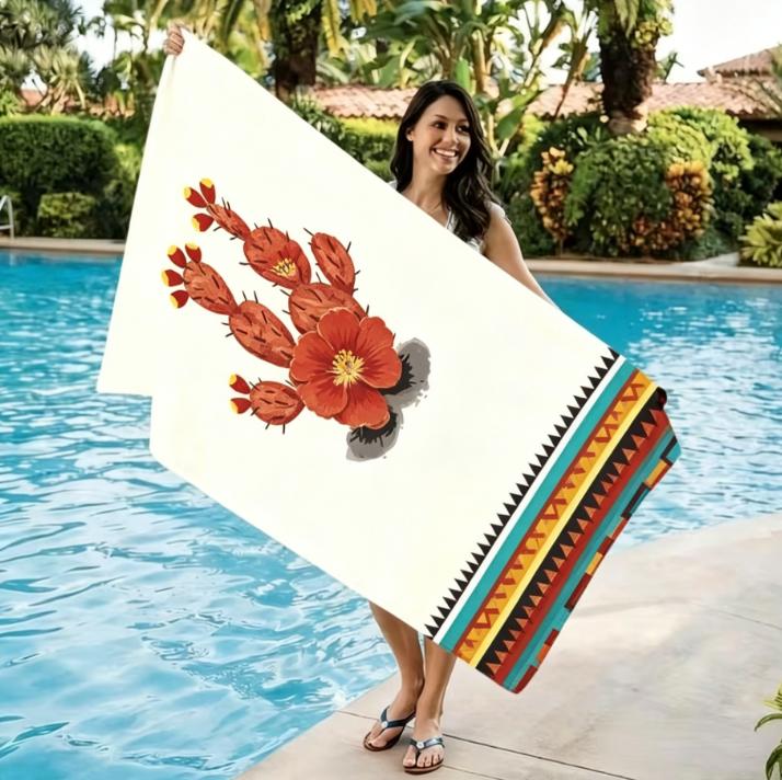 Large Microfiber Beach Towel,Boho Cactus & Tribal Border Print,Sand Free  Quick Dry,for Southwest Desert Themed Summer Beach Use