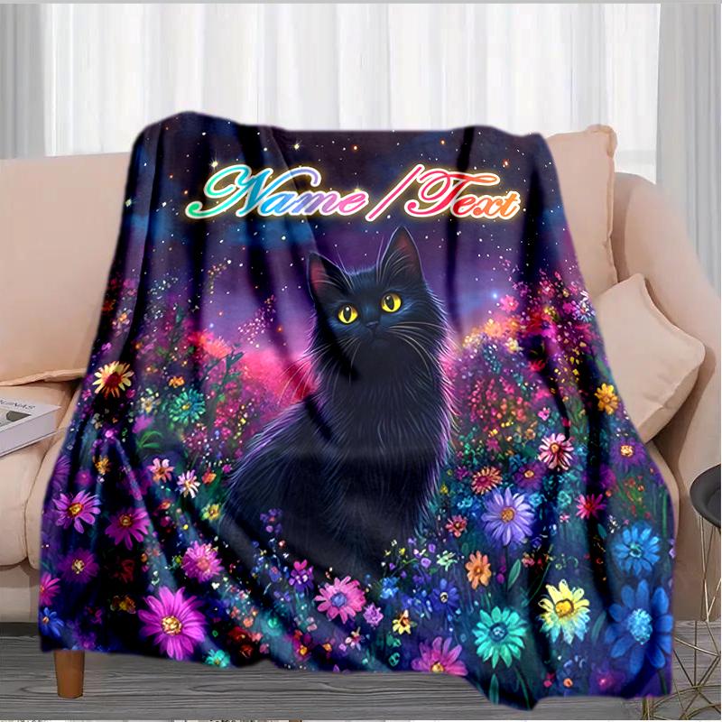 1PC Custom Name Black Cat Flowers Outdooor Flannel Blankets Throw Blanket All-Season Throw Gift Bedspread for Couch, Bed, Camping Holiday Birthday Gif