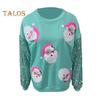 Women Christmas Sweatshirt Sequin Cartoon Pattern Round Neck Long Sleeve Loose Mid Length Pullover Party Holiday Top