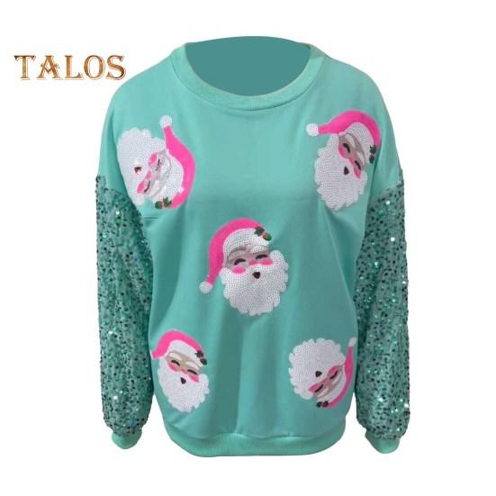 Weihnachts-Sweatshirt für Damen, Pailletten, Cartoon-Muster, Rundhalsausschnitt, lange Ärmel, lockerer Pullover in mittlerer Länge, Party, Urlaub, Top