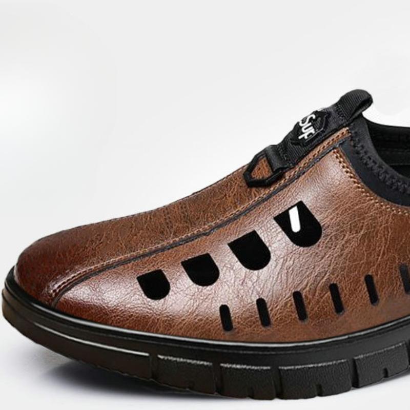 Mode Herren Sandalen Ausgehöhlte Lederschuhe für Herren Atmungsaktiv Rutschfest Weiche Sohle Freizeitschuhe Komfort Outdoor Strand Hausschuhe
