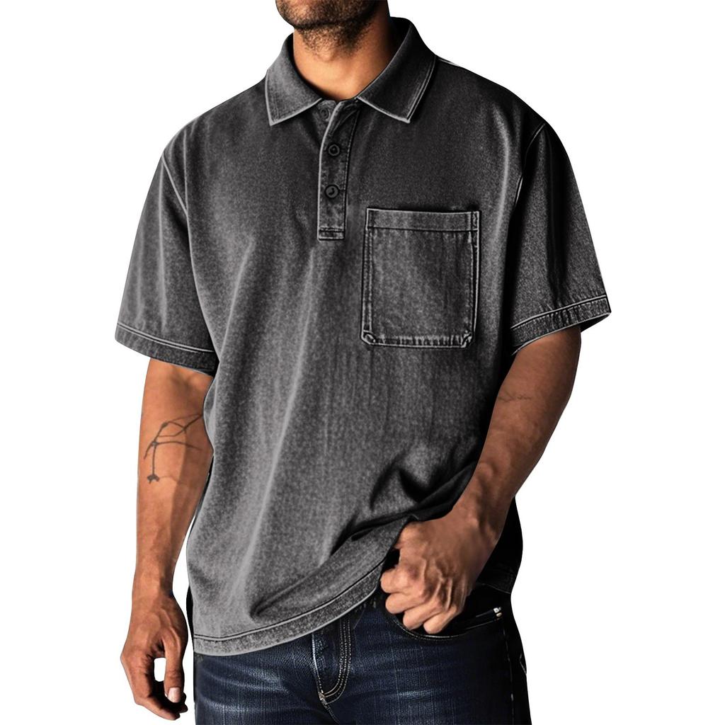 Men's Summer Solid Color Washed Button Collar Loose Short Sleeve Top