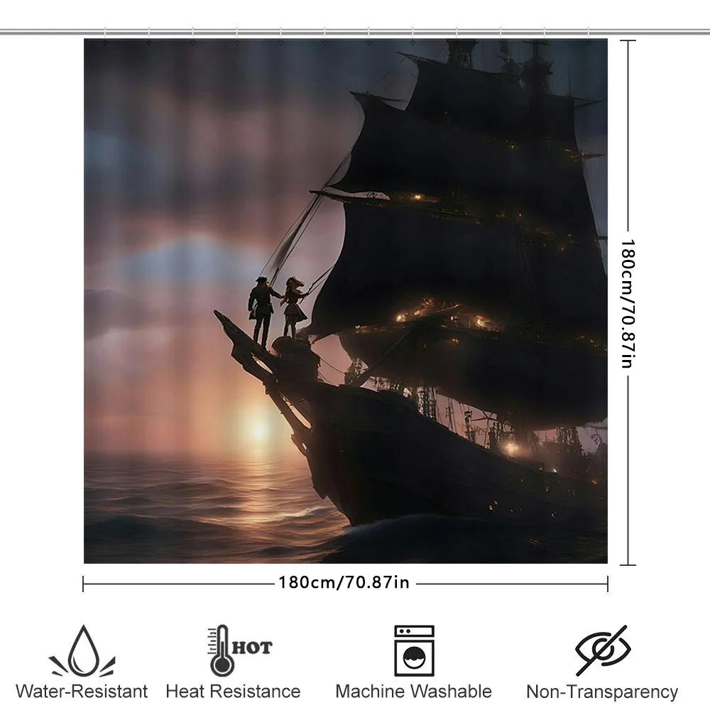 Vintage Schiff Druck Duschvorhang Dunkler Ozean Sonnenuntergang Segelboot Dekor Für Badezimmer