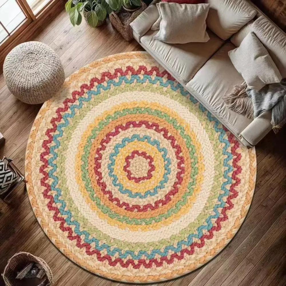Okrągły Dywan Mandala Mata Dywanik Boho Etniczny Dekoracja Domu Antypoślizgowy Ręcznie Tkany Kolorowy Geometryczny Mata Podłogowa do Salonu