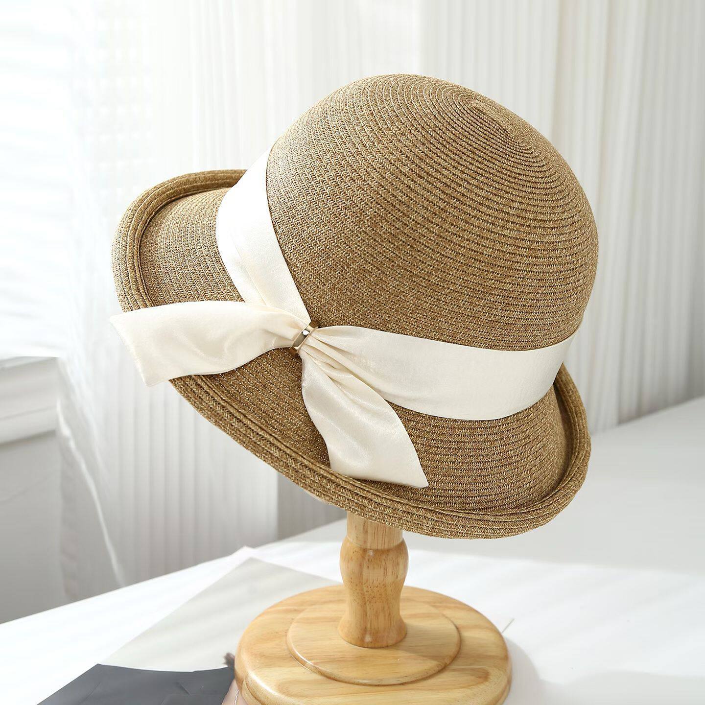 

High-end French crimped straw hat women s summer sunscreen straw hat big edge sun hat showing washbasin hat bucket hat M（55-58cm） белый
