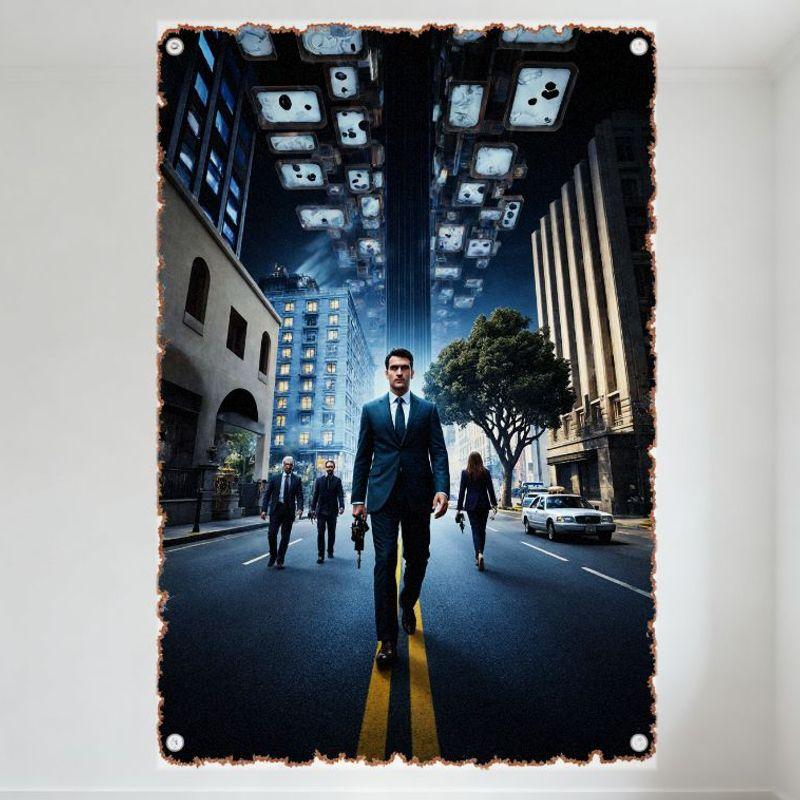 Сюрреалистичный городской бизнесмен с пистолетом Металлическая табличка - Винтажная дистопическая офисная уличная сцена Металлическая табличка для декора домашнего бара кафе 20x30cm（7.8x11.8inch）