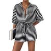 Summer Women's New Striped Lapel Button-up 1/2 Sleeves Jumpsuit Shorts, European American Style Casual Outfit for Crossborder