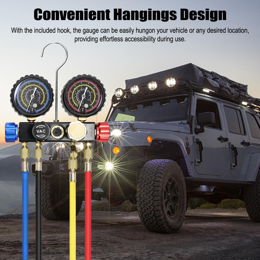 Manifold Gauge Set Air Conditioning Refrigerant Charging Tool 4 Way Dual Value Pressure Gauge with 5ft Hose Brass Quick