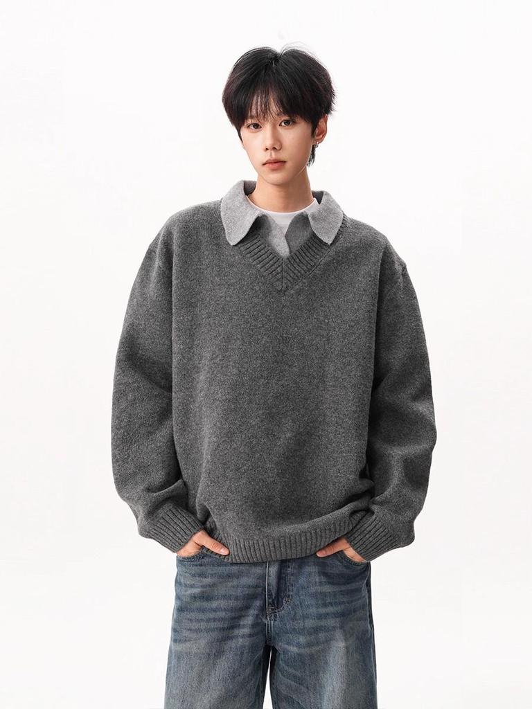 Vintage Style V-Neck Faux Two-Piece Men's Winter Sweater - Trendy Loose Knit Polo