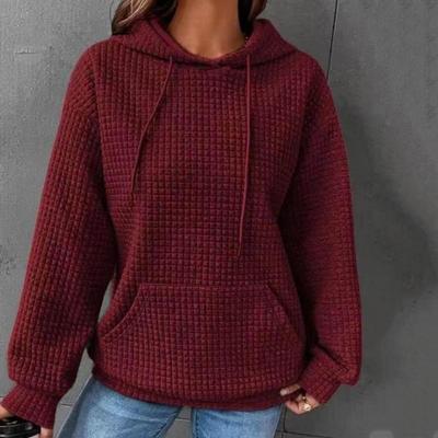 Frauen Frühling Herbst Einfarbig Pullover Sweatshirt Waffel Textur Lose Fit Mit Kapuze Kordelzug Langarm Taschen Hoodie Straße