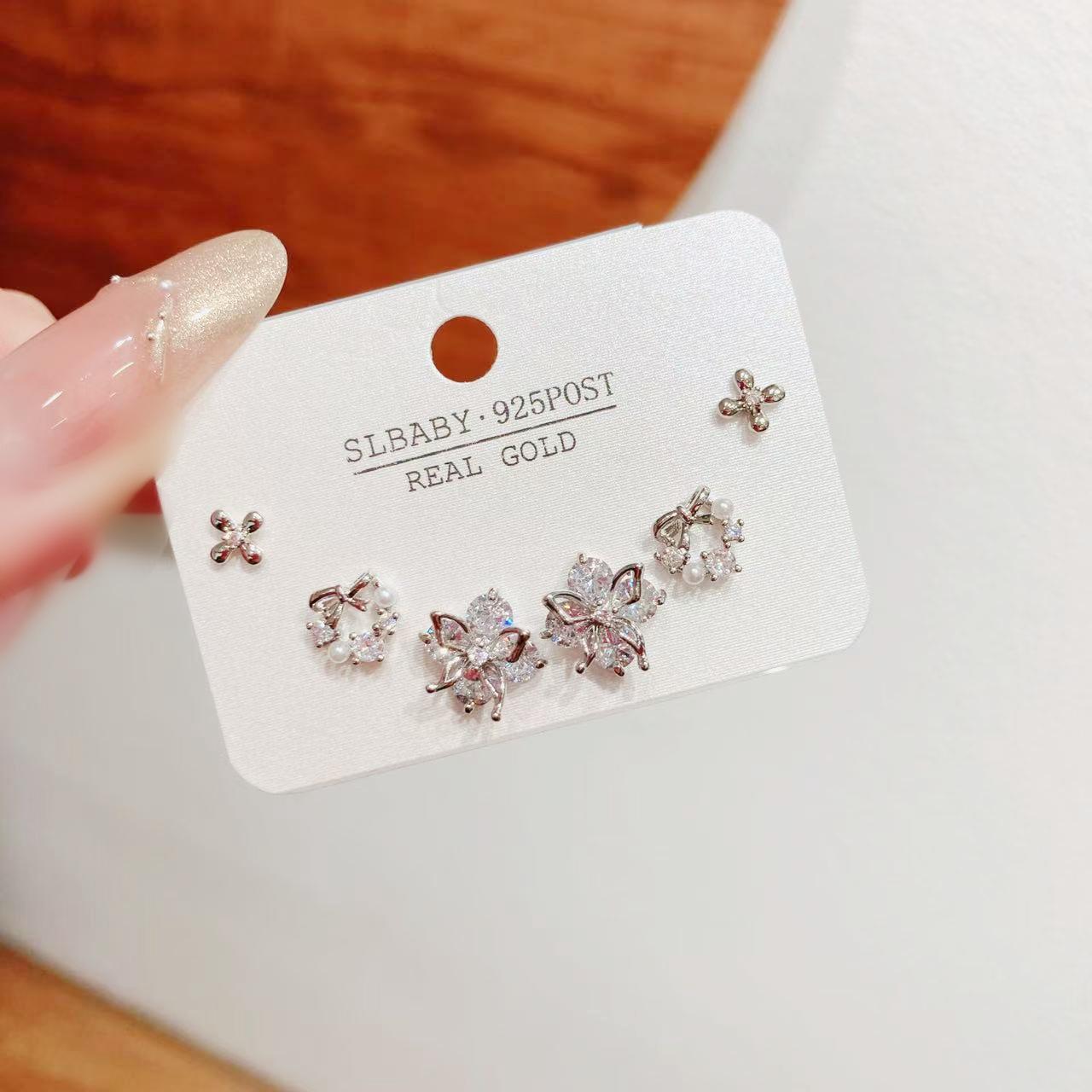 Осенние серьги-гвоздики из серебра 925 пробы с бабочкой, цветком и жемчугом - Изысканный корейский дизайн