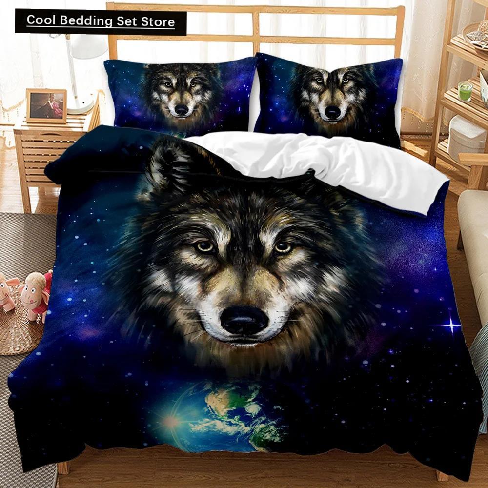 Comforter Wolf Animal Pattern Bedding Set Cool Wildlife Comforter Kids Glitter Blue Wild Wolf Polyester Qulit