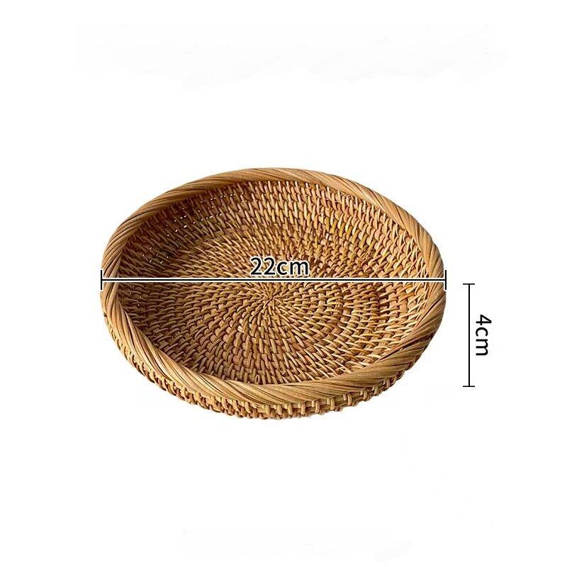 Handwoven Rattan Storage Tray with Wooden Handle Picnic Basket Bread Food Plate Snacks Fruit Cake Platter Dinner Serving Tray