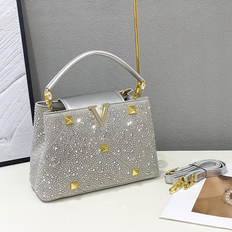 Bright Diamond Handbag New Style Women's Bag Rivets and Iron Diamond Chain Bag One Shoulder Crossbody Bright Color Versatile
