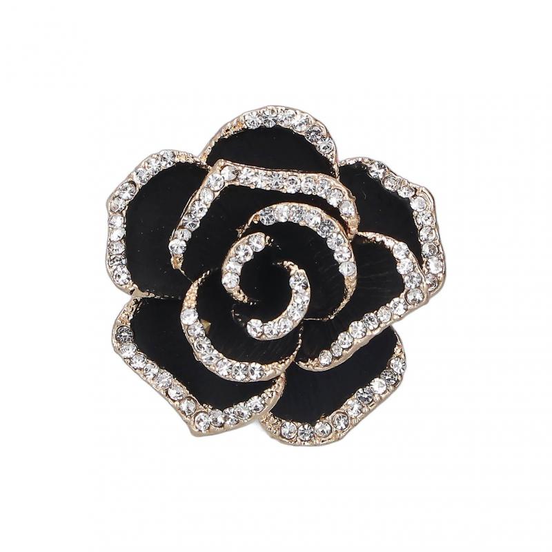 Brooch Pin Camellia Shape Elegant Exquisite Rhinestone Embellished Brooch for Women Clothes Silk Scarf Decoration GiftBlack 