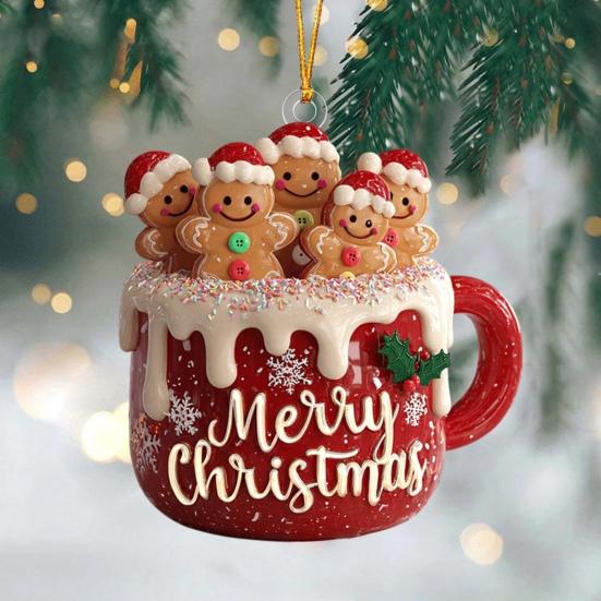 1/2/3Pcs Merry Christmas Gingerbread Man Family Ornament Red Ceramic Mug Pendant with Frosting Snowflake Patterns