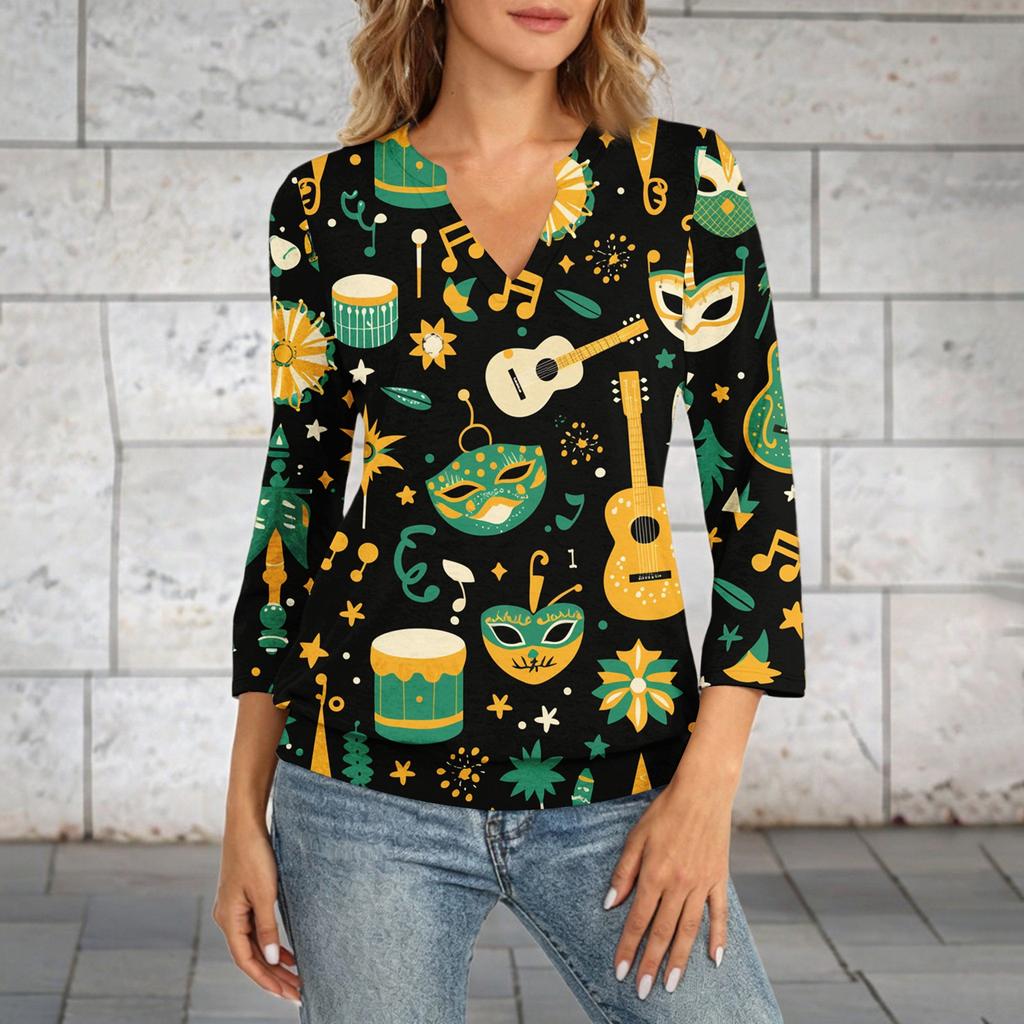 Women's 3/4 Sleeve Top With Cuffed Hem, V-Neck, Summer Casual -Shirt, Carnival Printed Top