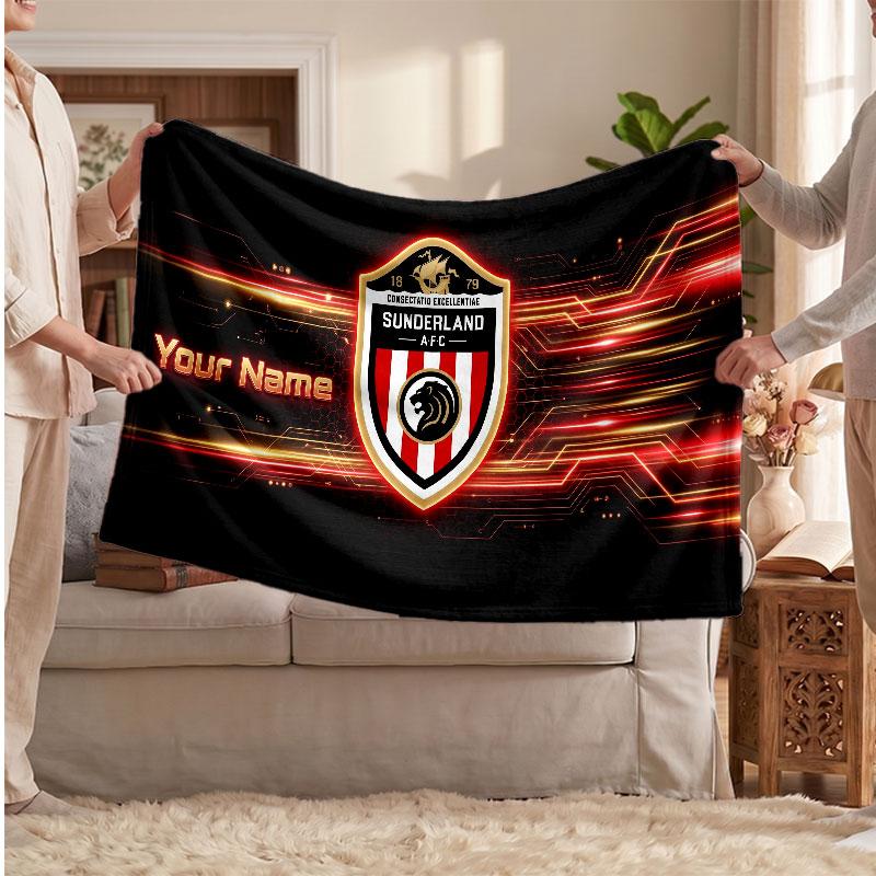 Sunderland FC Personalized Fleece Blanket With Football Logo, Custom Name Text Soft Warm Home Throw Blanket