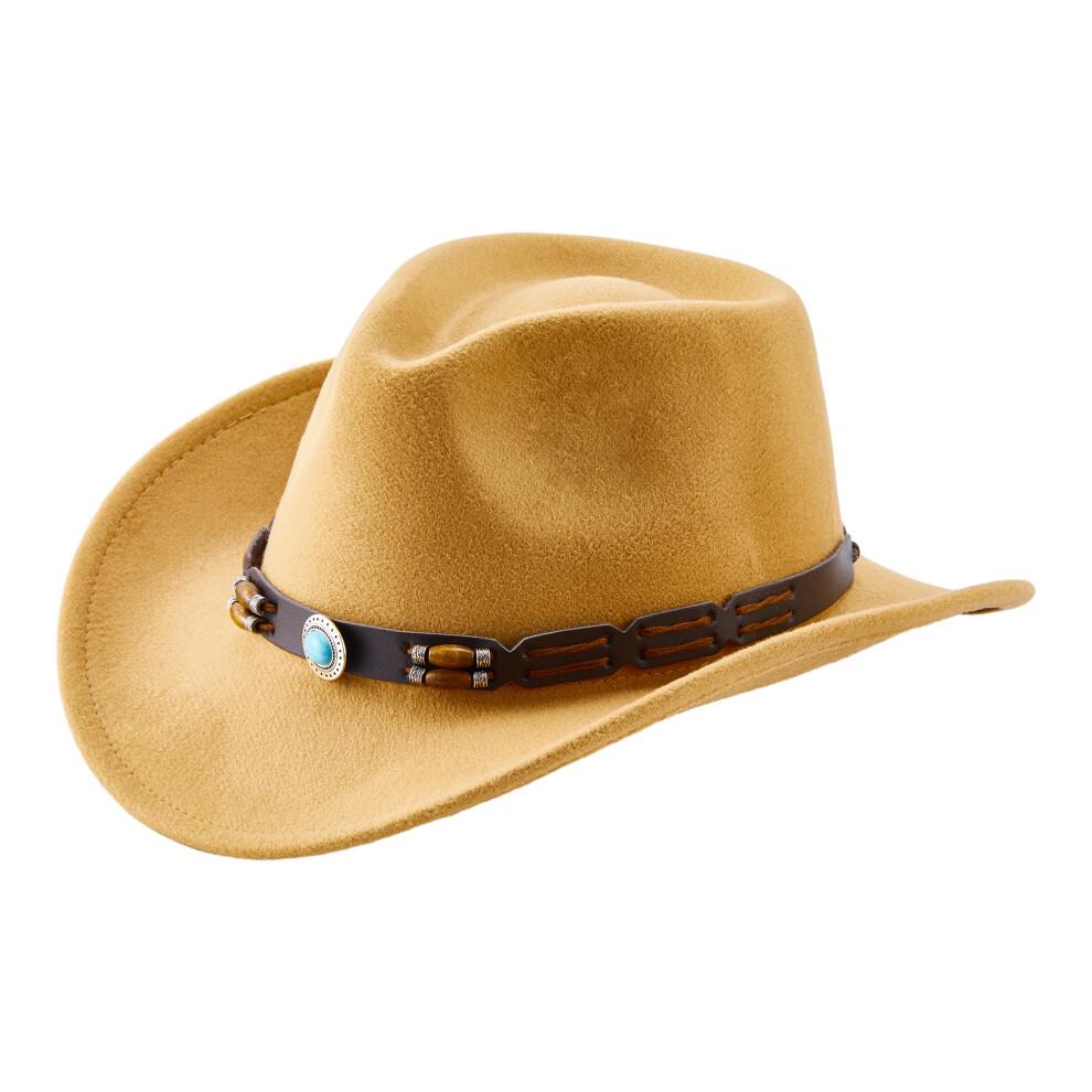 (One Size, Camel) Western Cowboy Hat for Women Men Bohemian Cowgirl Hat with Beads Trim Outdoor Sun Hat