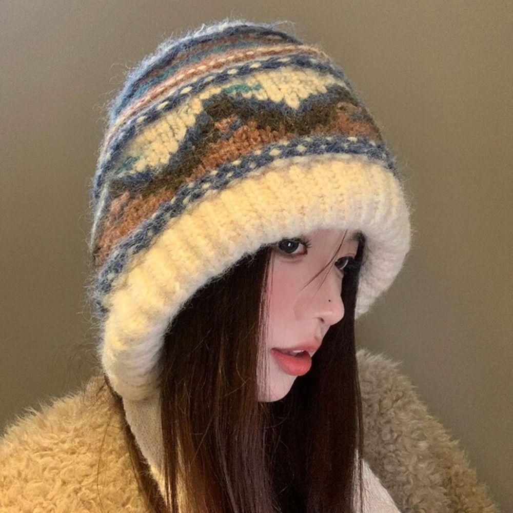 Thicken Knitted Plush Hat Ethnic Style Pullover Beanie Hat Skiing Warm Hat  Outdoor
