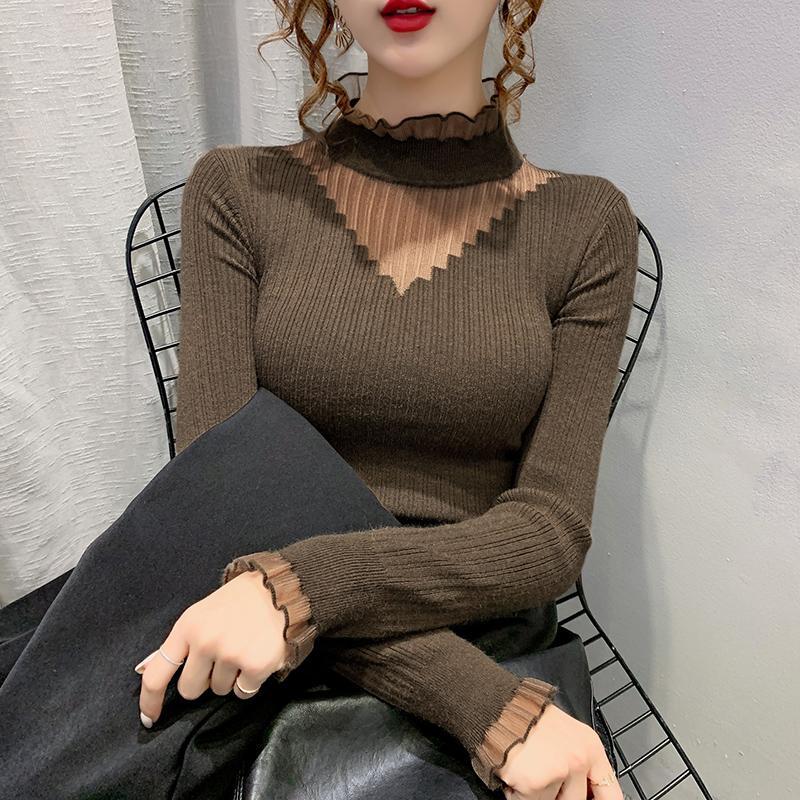 Autumn and Winter Half-turtleneck Lace Stitching Pullover Sweater Women s Western Style Slim Bottoming Inner Knit Sweater Women s Top XXXL чёрный