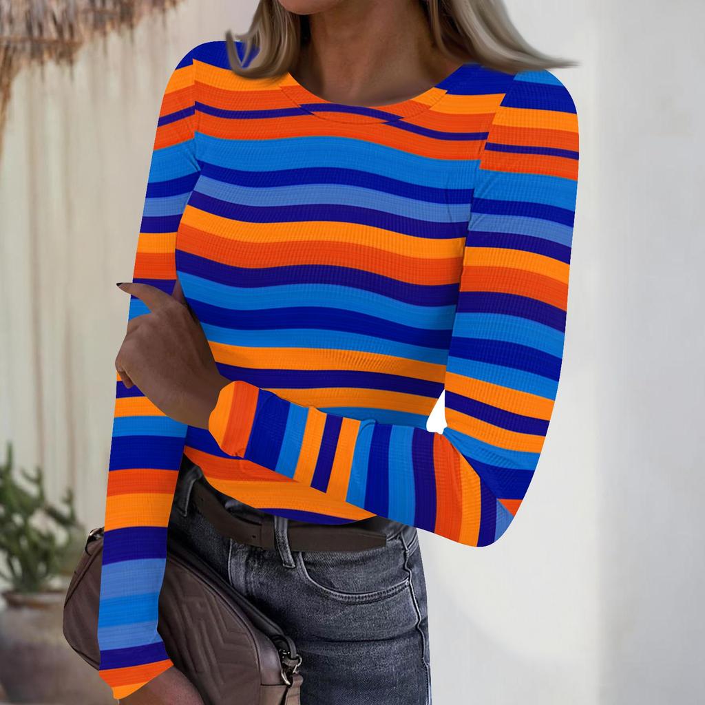 Damski casualowy modny top z okrągłym dekoltem, w paski, z długim rękawem, prążkowany