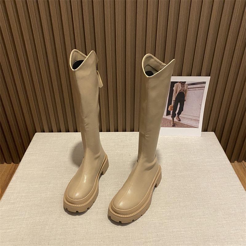 Women's autumn and winter new long boots, thick-soled long boots, high boots, women's middle heel but knee leather boots, velvet