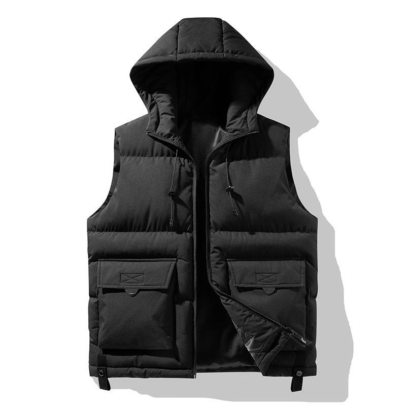 Men's Winter Trend Wear Loose Thick Down Cotton Clip Multi-pocket Solid Color Casual Hooded Vest Coat