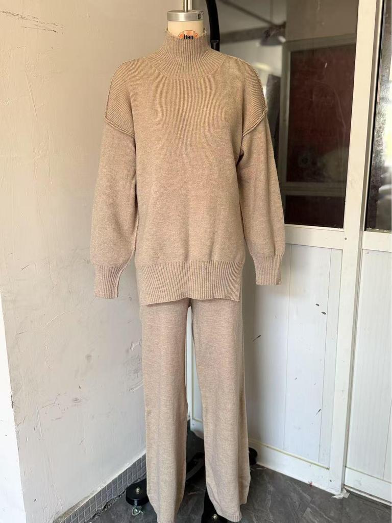 2025 Autumn/Winter Casual Solid Color Knitted Sweater Set: Loose High Neck and Pants