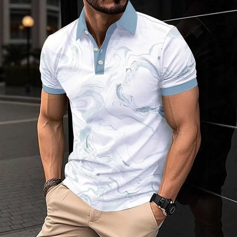 Mens 3D Marble Print Polo Shirt Loose Fit Short Sleeve Breathable Pique Cotton Casual Wear