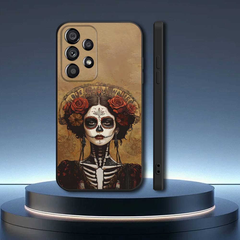 Day of the Dead Mexican Catrina Skull Phone Case For Samsung Galaxy A73,31,32,72,41,53,52,71,22,5G,Note,J7,8,9 Soft Black Cover