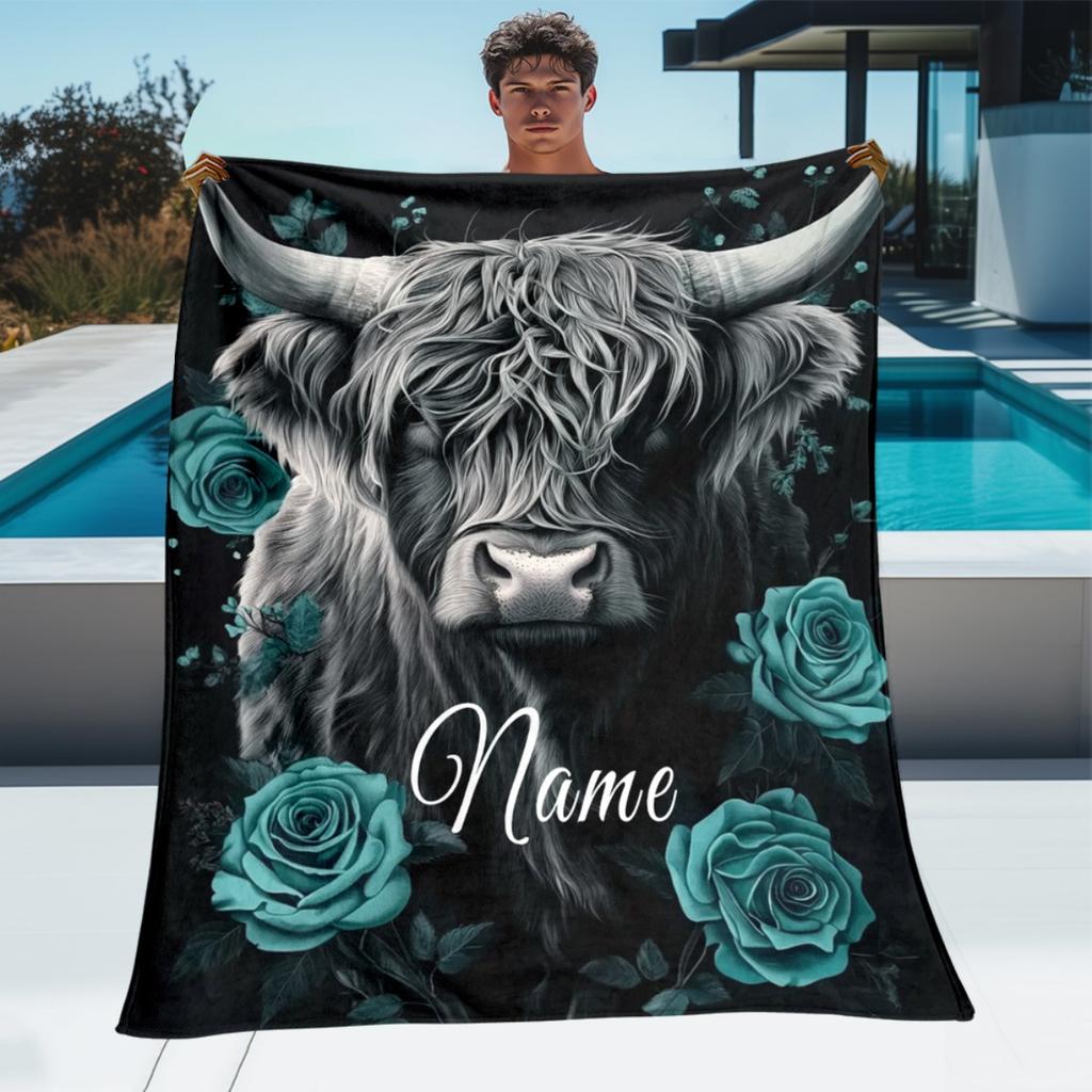 Personalized Highland Cow Blanket Black And Teal Rose Design Soft Fleece Throw Custom Name Farm Animal Art Home Decor Gift