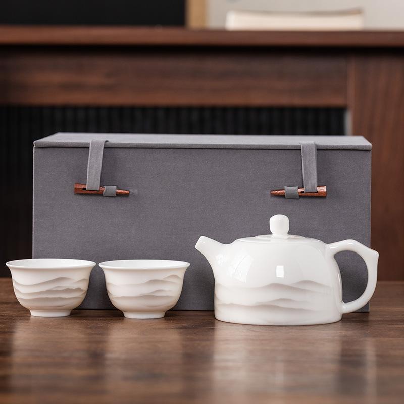 Beam Pot One Pot and Two Cups Suet Jade Porcelain Light Luxury Kung Fu Tea Set Kuaike Cup High-end Brocade Box Gift Box