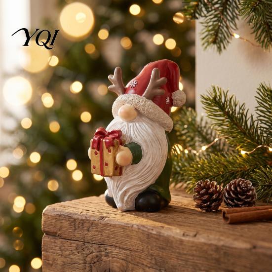 Festive Desk Accessories Christmas Gnome Figurine, Resin Tomte with Tree Hat & Reindeer Wooden Ornaments Antlers, Holiday Tabletop Decor for