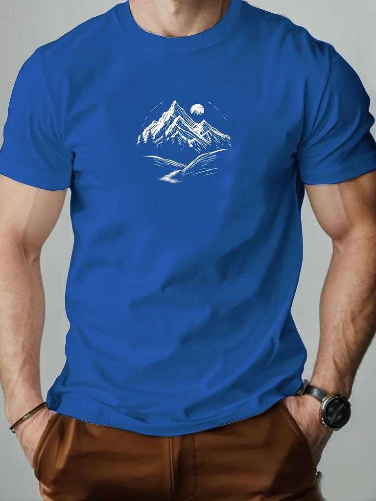 Mens Summer Casual Shortsleeved Tshirt Mountain Scenery Pattern Print Ideal Outdoor Vacations Comfortable Breathable Fashion