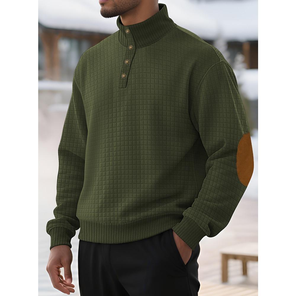 New Men's Jacquard Stand-Collar Small Check Sweatshirt Knitted Pullover Casual Henley Sweatshirt