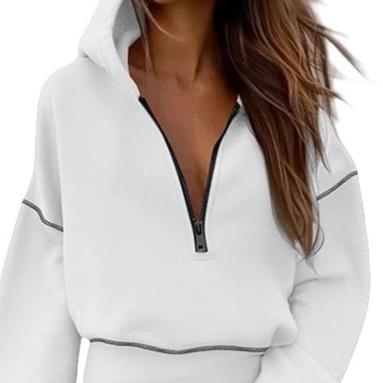 Damer Kort Sweatshirt Enfärgad Långärmad Pullover Huvtröja Lös Passform Dragkedja Halv Knappslå Toppar