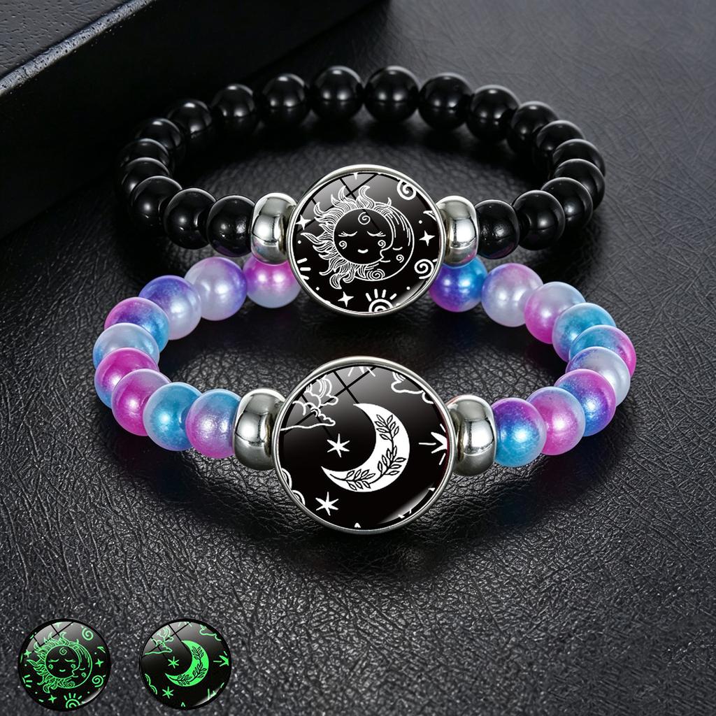 1Pc Glow In Dark Sun Moon Lover Couple Bracelet, Handmade Beaded Braided Unisex