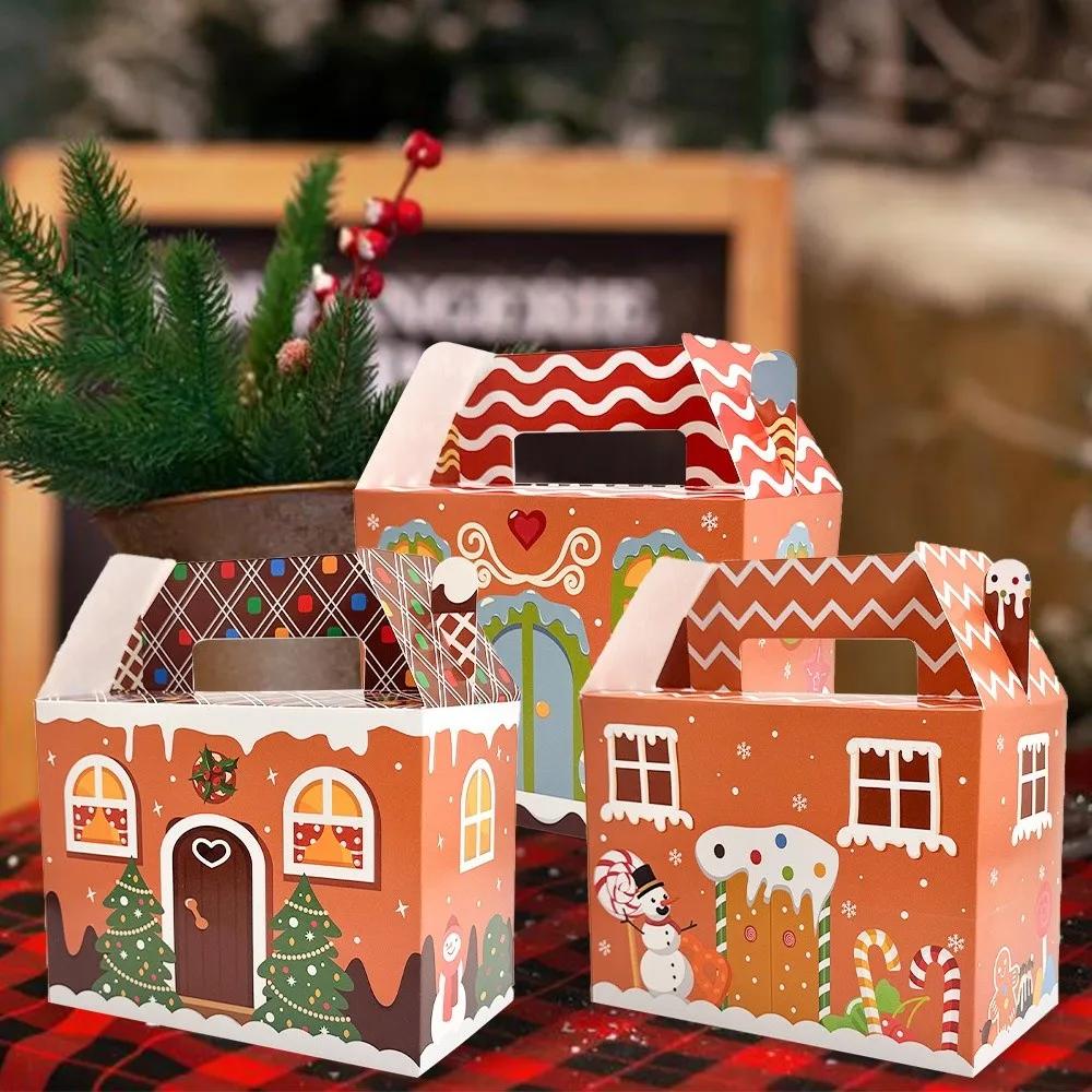 12PCS With Handle Christmas Gift Box Gingerbread House Cartoon Design Merry Christmas Decoration Packaging Box Candy Cookies