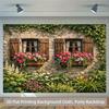 2D Printed Rustic House Floral Backdrop, Stone Cottage with Blooming Window Flowers Photo Background