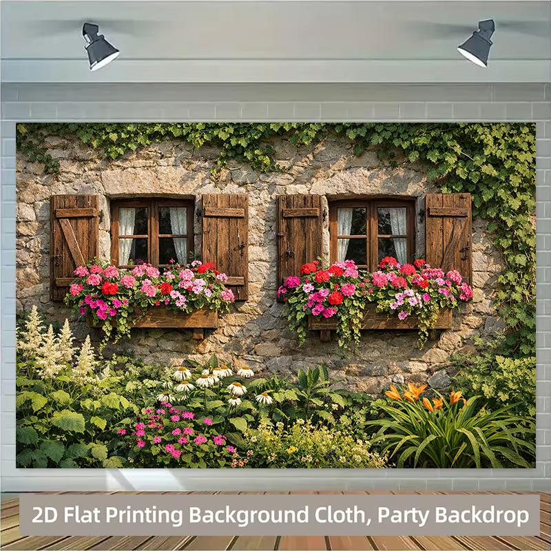 

2D Printed Rustic House Floral Backdrop, Stone Cottage with Blooming Window Flowers Photo Background 47.2x31.5inch/120*80cm