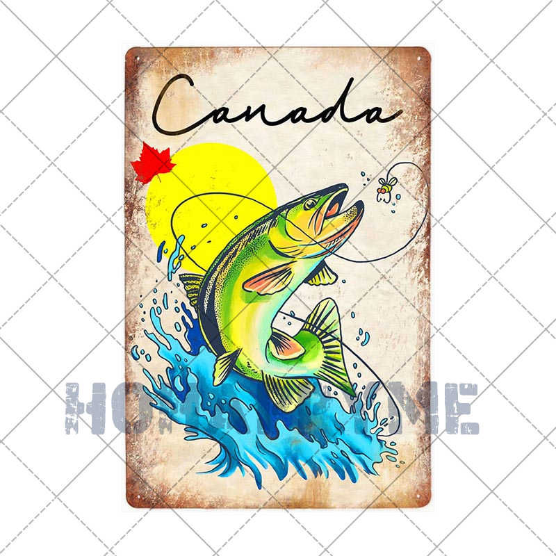 Fish Vintage Posters Sign Metal Plates Fisherman Fishing Solves Rules Classic Salmon Plaques Home Decoration Accessories 20X30CM