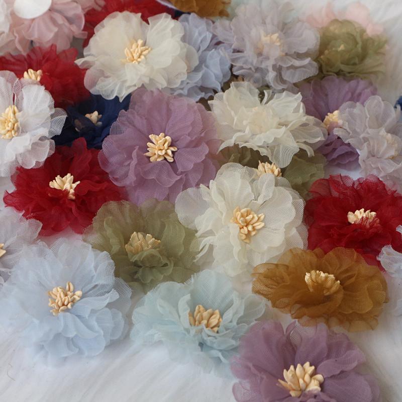 10Pcs 5CM Wrinkle Chiffon Fabric Cored Flowers For DIY Hair Accessories Hats Headband Wedding Dress Decoration