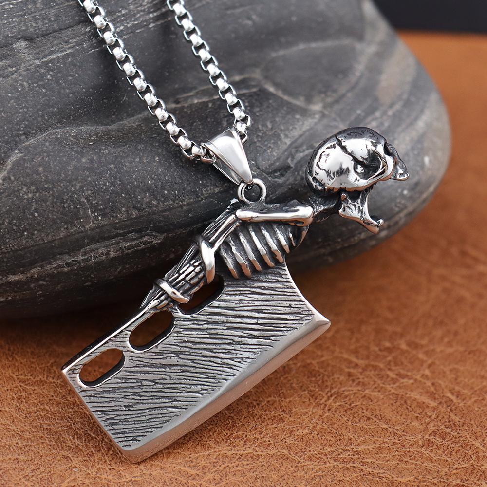 Retro Style Skull Knife Necklace Pendant for Men Punk Hip Hop Stainless Steel Skeleton Bottle Opener Gothic Jewelry
