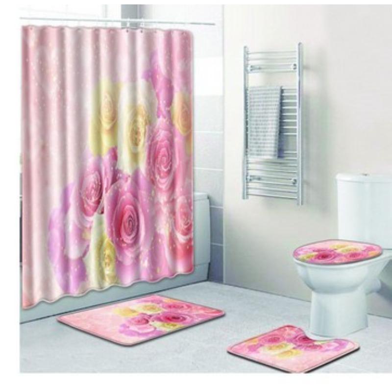Valentine'S Day Toilet Shower Curtain Four-Piece Printed Floor Mat Set Bathroom Floor Mat Bedroom Absorbent Door Mat Carpet