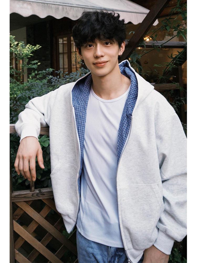 Men's Reversible Gray Plaid Hoodie Cardigan - Autumn, High-End, Heavy-Weight, Couple's Style