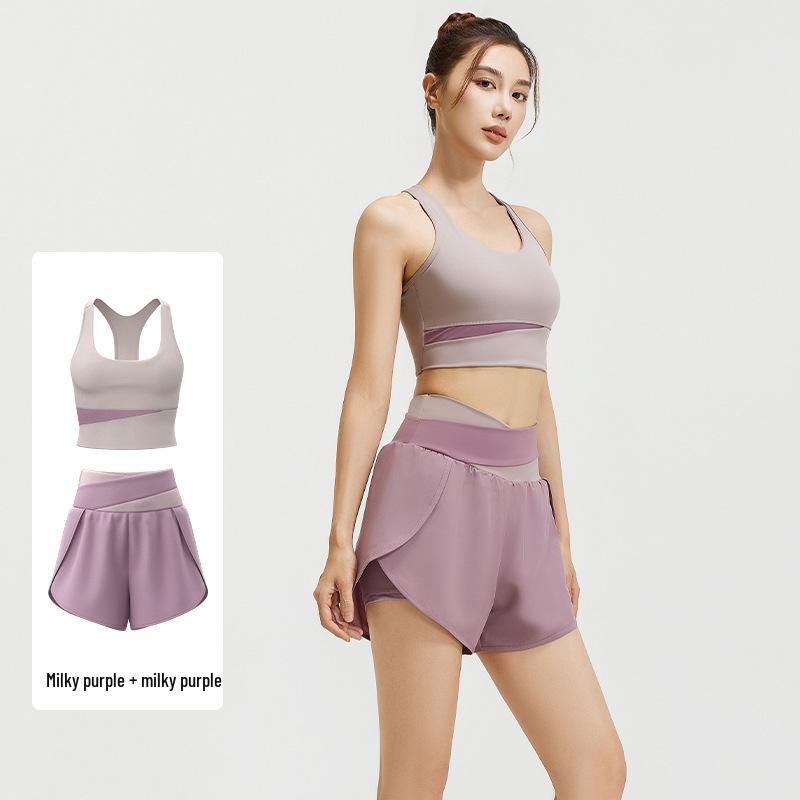 Nude Feeling Yoga Set: Color Block Anti-Exposure Two-Piece Sports Shorts