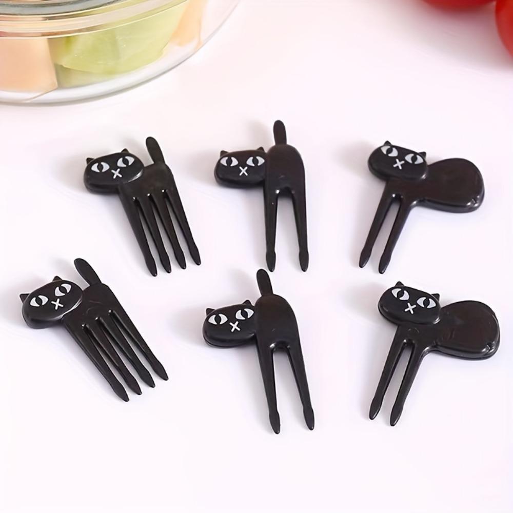 6pcs Set of Black Cat-Shaped Salad Forks Japanese Black Cat Fruit Fork - Cute Cartoon Animal Fruit Picks for Desserts,